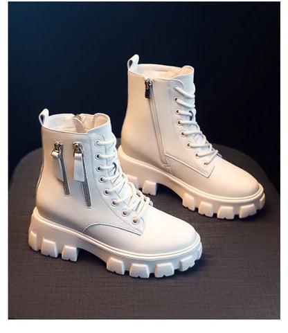 Stiefeletten 2025 Neuer koreanischer Stil mit Fleece gefüttert, Herbst-Winter High-Top Baumwollschuhe, Damenstiefel mit hohem Absatz, mittelhohe Stiefel