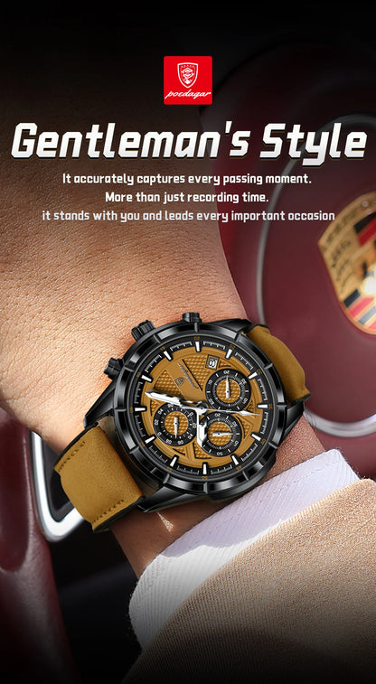 POEDAGAR Luxus Herrenarmbanduhr Quarz Original Leder Herren Uhren Datum Chronograph Wasserdicht Leuchtende Herrenuhr Männlich+Box