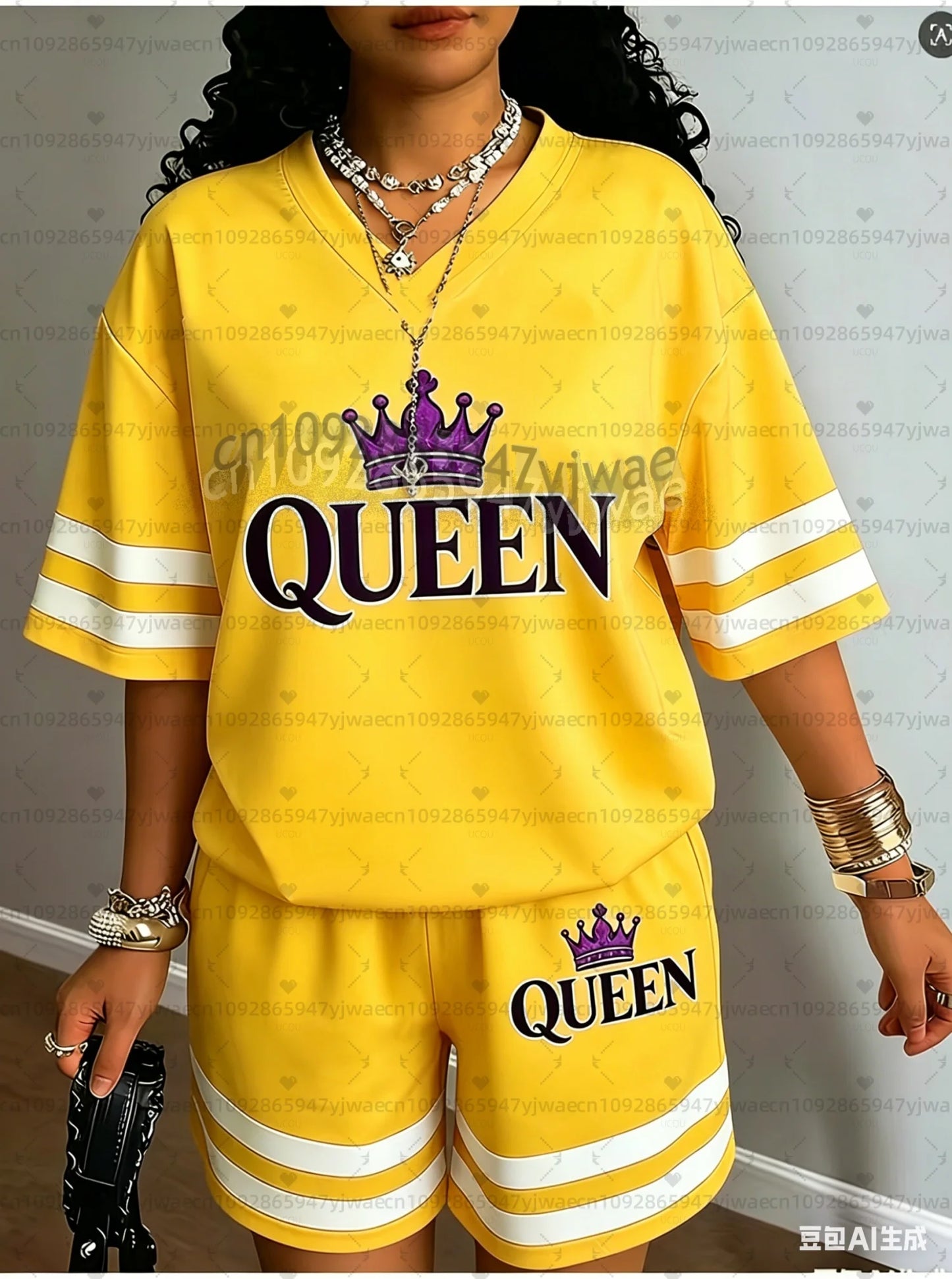2026 Europa Brief QUEEN Druck Damen Freizeitanzug Damen T-Shirt + Shorts Damen Trainingsanzug 2-Teile-Set Damenbekleidung