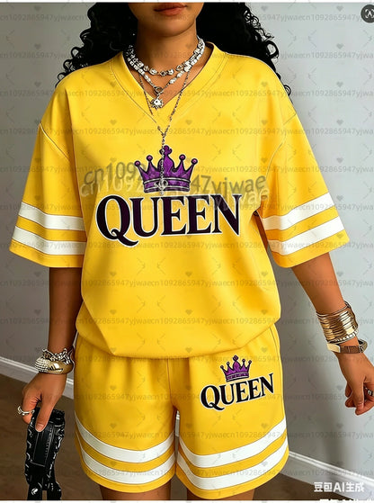 2026 Europa Brief QUEEN Druck Damen Freizeitanzug Damen T-Shirt + Shorts Damen Trainingsanzug 2-Teile-Set Damenbekleidung