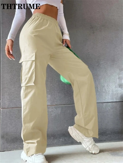 Vintage Streetwear Cargo-Hosen Mode Damen Einfarbig Oversized Tasche Hohe Taille Baggy Hose Lässig Hip-Hop Gerade Neue Hose