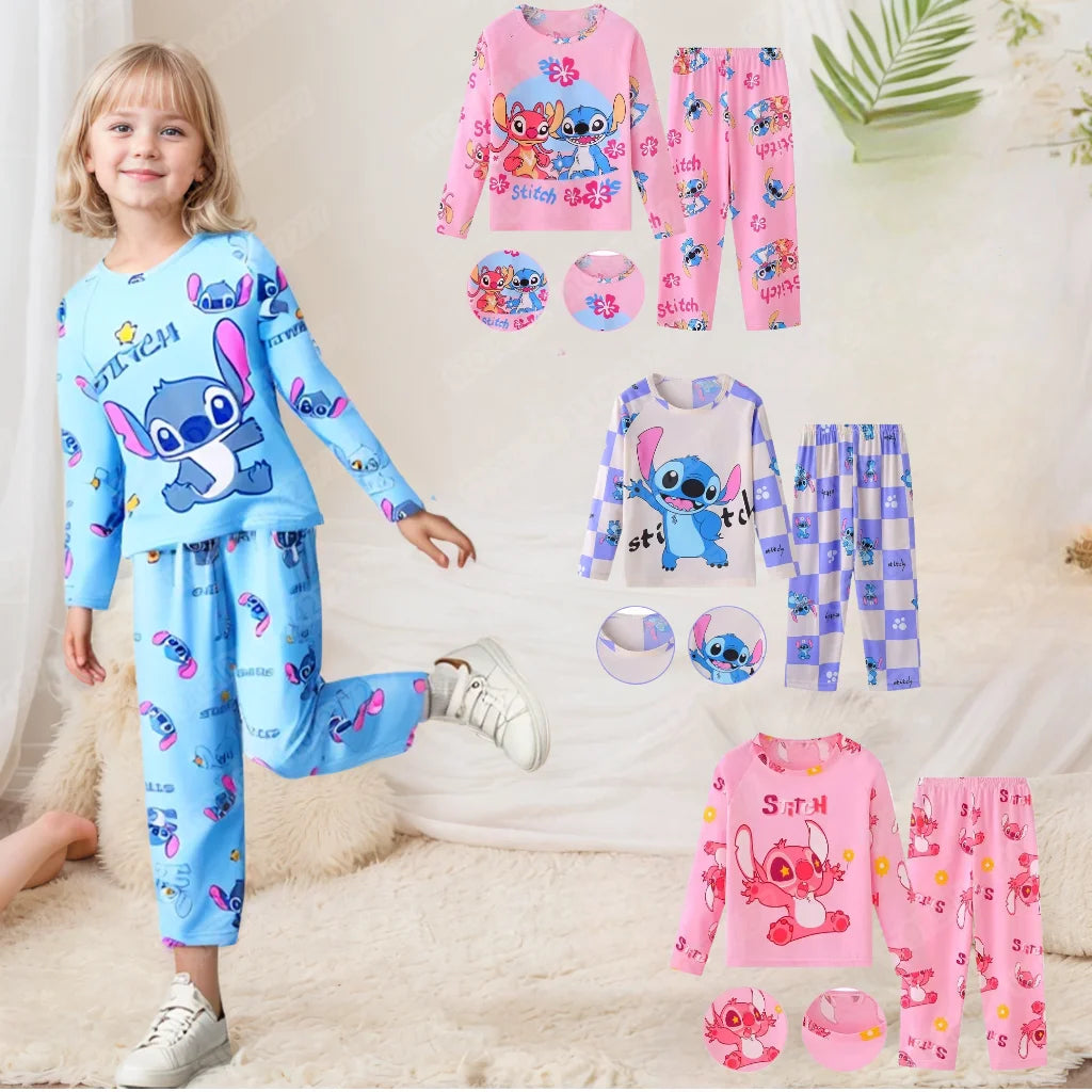 Kinder Anime Stitch Pyjama 2-teiliges Set für Jungen und Mädchen, Freizeitkleidung für zu Hause, lässlicher Schlafanzug, langärmliges Pyjama-Set, niedliches Geschenk