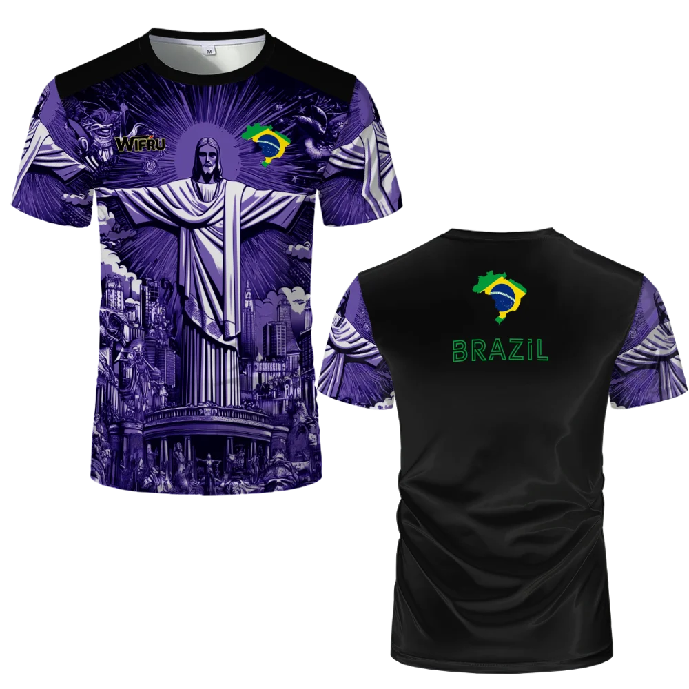 Brasilianische Flagge+Jesus 3D-Druck Sport Schnell trocknend Atmungsaktiv Herren Damen T-Shirt Outdoor Street Kurzarm