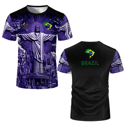 Brasilianische Flagge+Jesus 3D-Druck Sport Schnell trocknend Atmungsaktiv Herren Damen T-Shirt Outdoor Street Kurzarm
