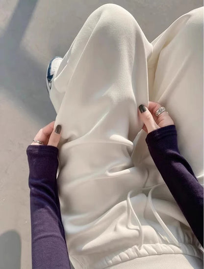 Damen graue Sporthose mit hohem Bund, locker hängend, schlank machend, gerade geschnittene weite Hose, amerikanische Jogginghose.