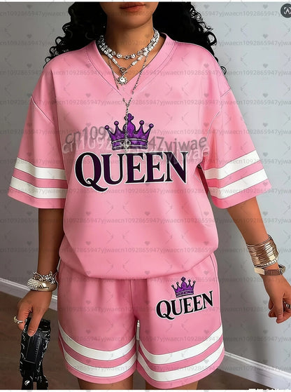 2026 Europa Brief QUEEN Druck Damen Freizeitanzug Damen T-Shirt + Shorts Damen Trainingsanzug 2-Teile-Set Damenbekleidung