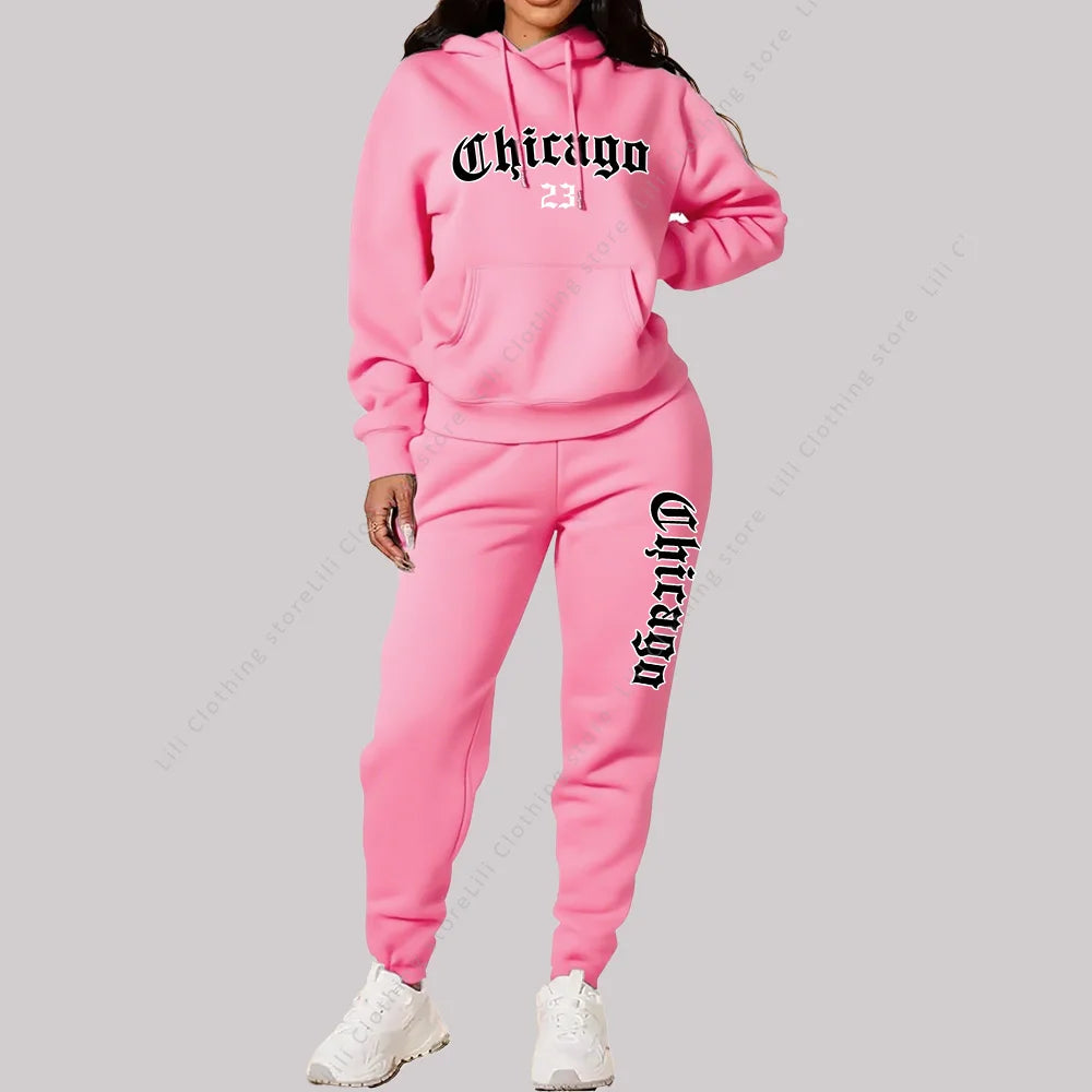 Damen Sets Hoodies Hosen 2-teilige Outfits Ästhetische Sportbekleidung Trainingsanzug Chicago Grafik Buchstaben Druck Plus Size Rosa Trainingsanzug
