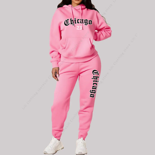 Damen Sets Hoodies Hosen 2-teilige Outfits Ästhetische Sportbekleidung Trainingsanzug Chicago Grafik Buchstaben Druck Plus Size Rosa Trainingsanzug