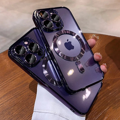 Verchromtes weiches TPU-Case mit vollständigem Linsenschutz für iPhone 13 14 12 11 15 Pro Max Plus Magsafe magnetische Handyhülle kabelloses Ladecover