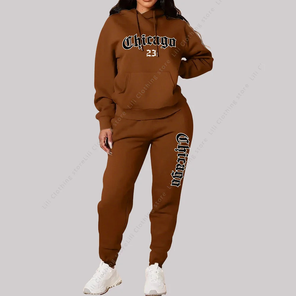 Damen Sets Hoodies Hosen 2-teilige Outfits Ästhetische Sportbekleidung Trainingsanzug Chicago Grafik Buchstaben Druck Plus Size Rosa Trainingsanzug