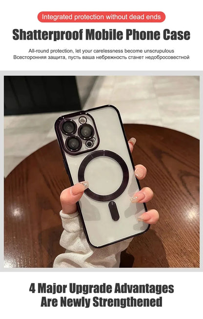 Verchromtes weiches TPU-Case mit vollständigem Linsenschutz für iPhone 13 14 12 11 15 Pro Max Plus Magsafe magnetische Handyhülle kabelloses Ladecover