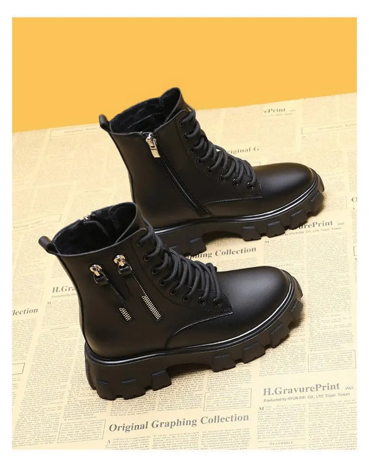 Stiefeletten 2025 Neuer koreanischer Stil mit Fleece gefüttert, Herbst-Winter High-Top Baumwollschuhe, Damenstiefel mit hohem Absatz, mittelhohe Stiefel