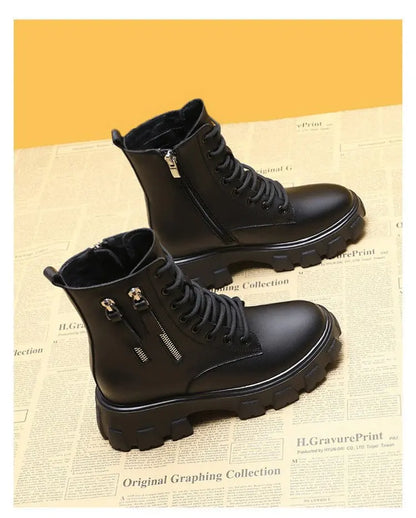 Stiefeletten 2025 Neuer koreanischer Stil mit Fleece gefüttert, Herbst-Winter High-Top Baumwollschuhe, Damenstiefel mit hohem Absatz, mittelhohe Stiefel