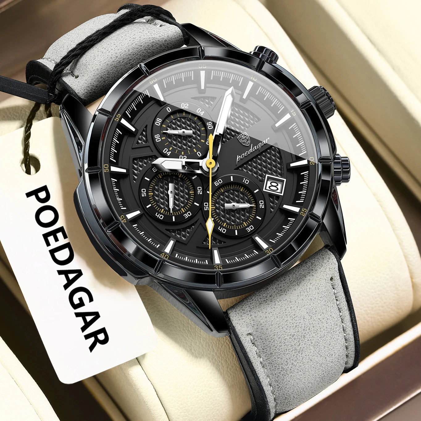POEDAGAR Luxus Herrenarmbanduhr Quarz Original Leder Herren Uhren Datum Chronograph Wasserdicht Leuchtende Herrenuhr Männlich+Box