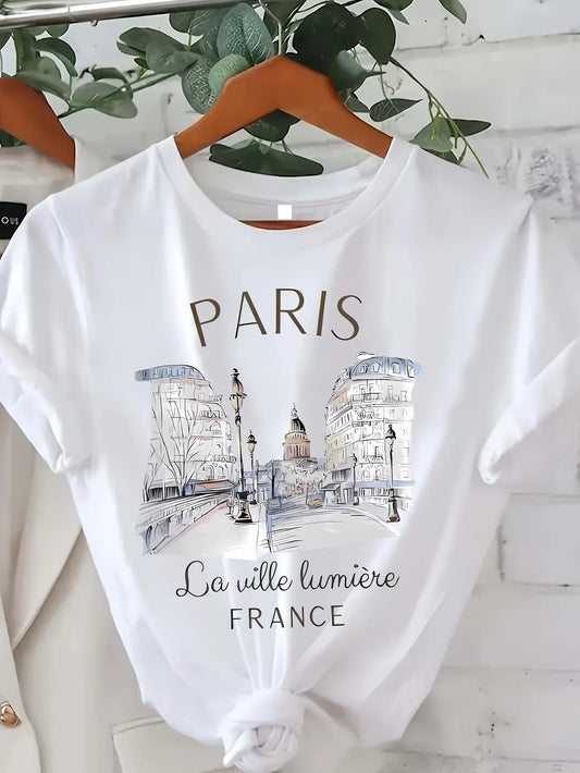 90er T-Shirt Paris Damen Print T-Shirt Mädchen Kurzarm Rundhals Lässiges Oberteil für Sommer und Frühling Damenbekleidung