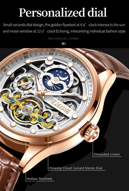 Neue LIGE Skelett Mechanische Automatik-Uhr Herren Tourbillon Sportuhr Freizeit Business Mond Armbanduhr Relojes Hombre