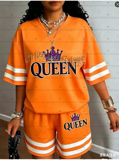 2026 Europa Brief QUEEN Druck Damen Freizeitanzug Damen T-Shirt + Shorts Damen Trainingsanzug 2-Teile-Set Damenbekleidung