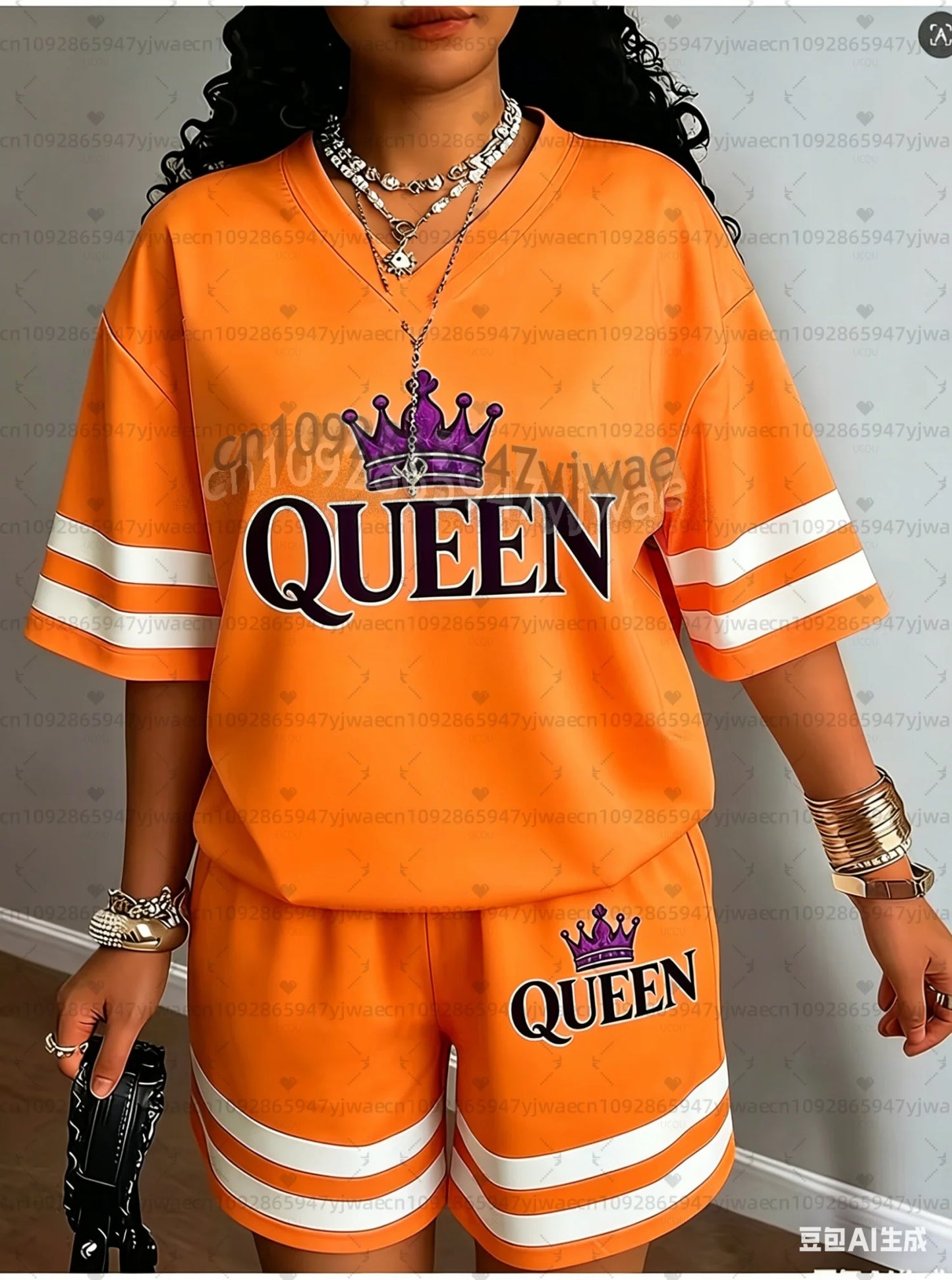 2026 Europa Brief QUEEN Druck Damen Freizeitanzug Damen T-Shirt + Shorts Damen Trainingsanzug 2-Teile-Set Damenbekleidung