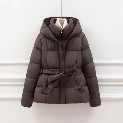 Damen Winter Warme Verdickte Daunen-Baumwolljacke 2025 Neue Damen Kapuzenoberbekleidung mit Gürtel Baumwollmantel  Langer Damen Parka