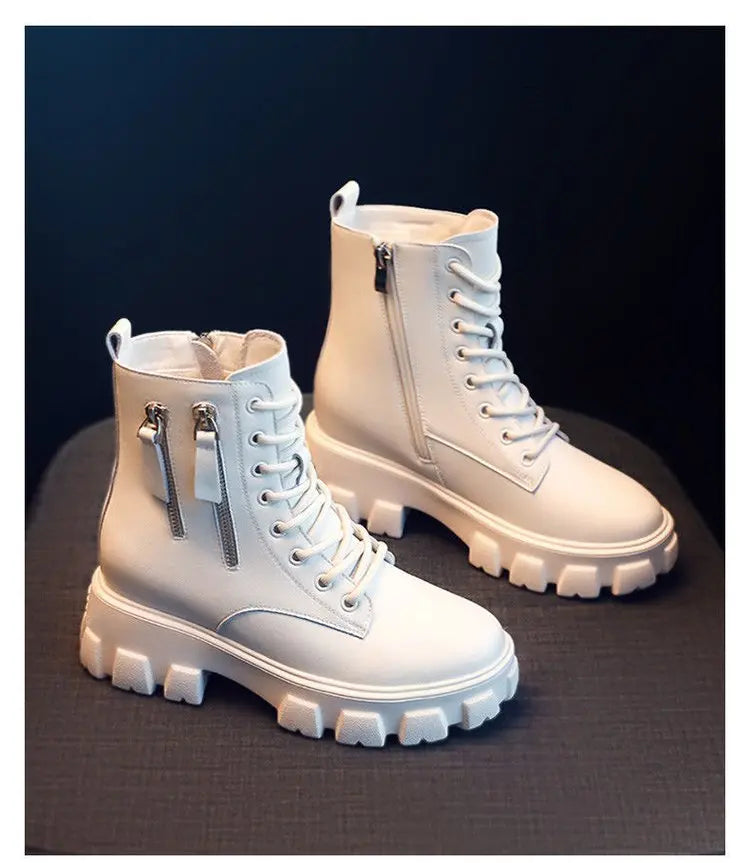 Stiefeletten 2025 Neuer koreanischer Stil mit Fleece gefüttert, Herbst-Winter High-Top Baumwollschuhe, Damenstiefel mit hohem Absatz, mittelhohe Stiefel