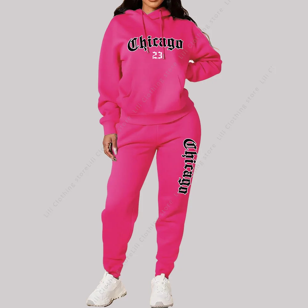 Damen Sets Hoodies Hosen 2-teilige Outfits Ästhetische Sportbekleidung Trainingsanzug Chicago Grafik Buchstaben Druck Plus Size Rosa Trainingsanzug