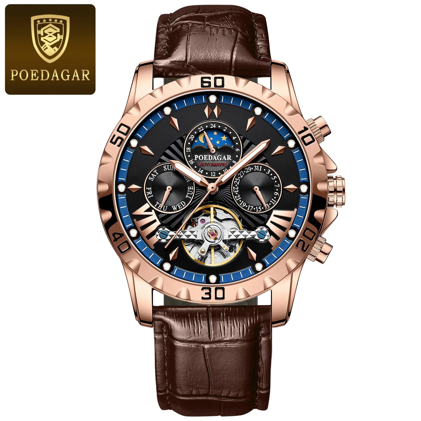 POEDAGAR Luxus Automatische Mechanische Herren Uhr Hohler Tourbillon Wasserdicht Leuchtend Männliche Uhr Woche Datum Geschäftsmänner Uhren