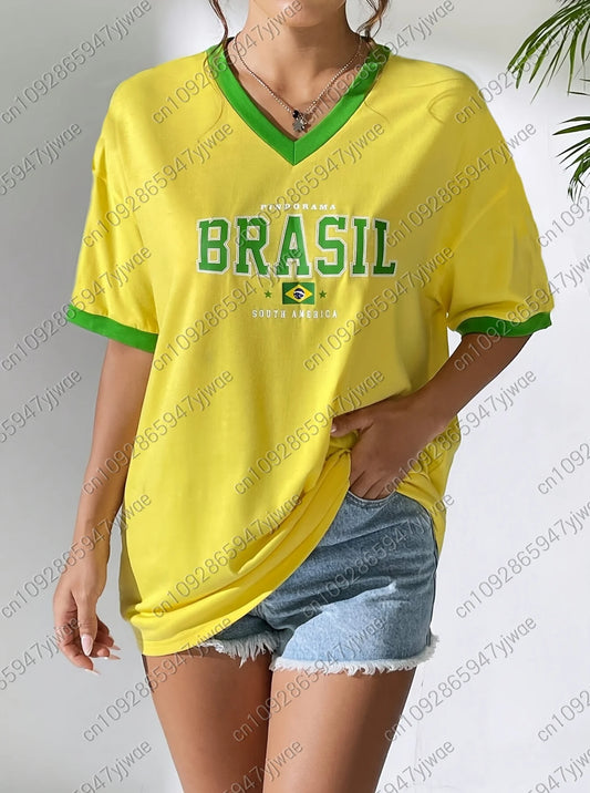 Sommer Damen V-Ausschnitt T-Shirt Brasilien Druck Leicht Atmungsaktiv Kurzarm Baseball T-Shirt Damen Trikot T-Shirt