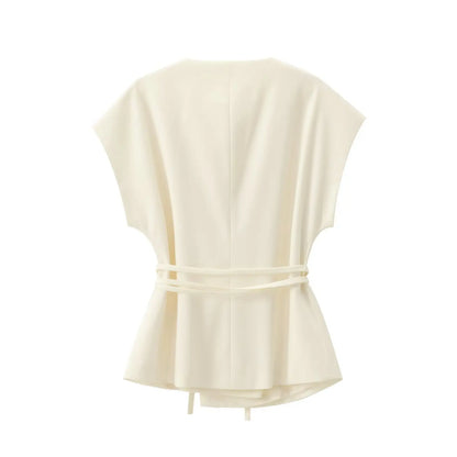 TFMLN Fashion Damenanzug Hosenanzüge Ärmelloses V-Ausschnitt Top mit Gürtel Gerade Hose Set 2025 Frühling Sommer Büro 2-teiliger Set