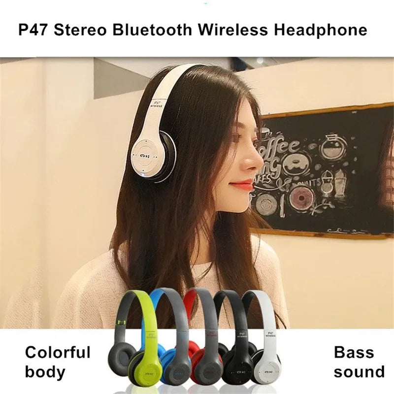 P47 Bluetooth 5.0 kabelloser Kopfhörer, faltbar, HIFI Stereo Bass Ohrhörer,  mit Mikrofon, USB-Adapter für iPhone und Spiele
