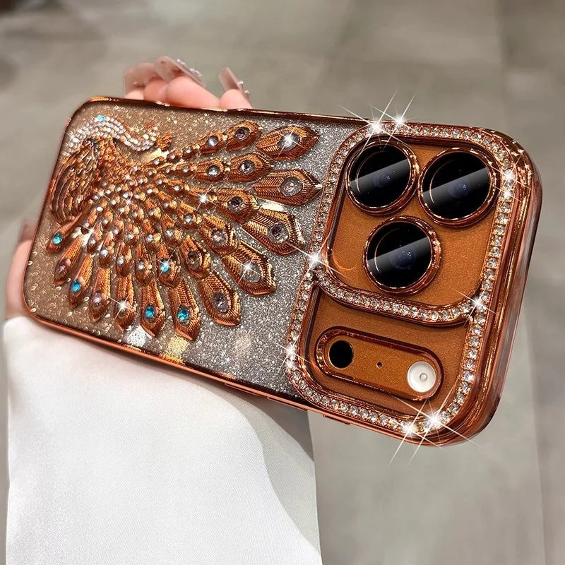 Hülle für iPhone 17 Pro Max 16 15 14 13 mit plattiertem Pfauenmuster, Glitzer-Diamant-Rhinestones, transparent und stoßfest