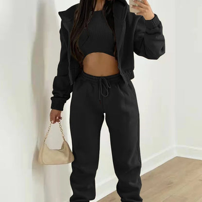 Damen 3-teilige Sets Anzug Lässig Langarm Hoodie Tanktop Jogginghose Sportliches Dreiteiliges Outfit