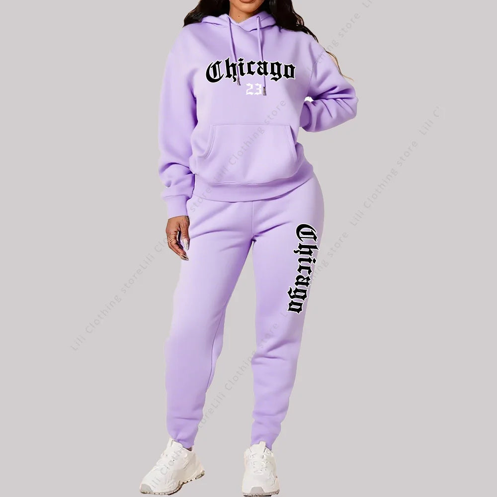 Damen Sets Hoodies Hosen 2-teilige Outfits Ästhetische Sportbekleidung Trainingsanzug Chicago Grafik Buchstaben Druck Plus Size Rosa Trainingsanzug