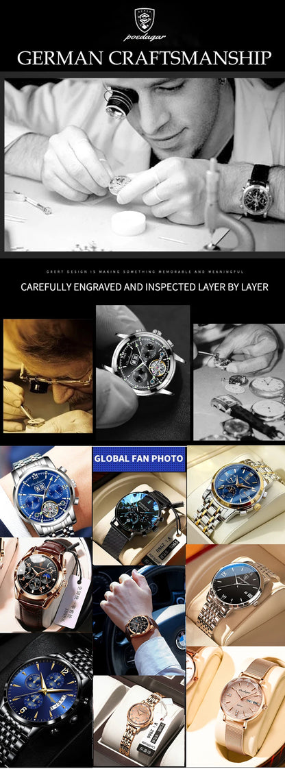 POEDAGAR Luxus Herrenarmbanduhr Quarz Original Leder Herren Uhren Datum Chronograph Wasserdicht Leuchtende Herrenuhr Männlich+Box