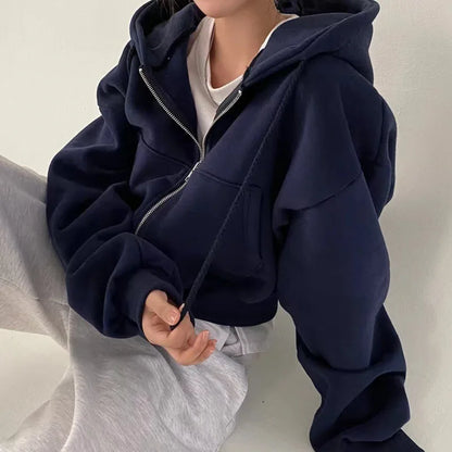 Damen Sweatshirt mit Fleece-Futter, vielseitig, kurz geschnitten, schlanke Passform, glatte Silhouette, Reißverschluss, warm, mit Kapuze
