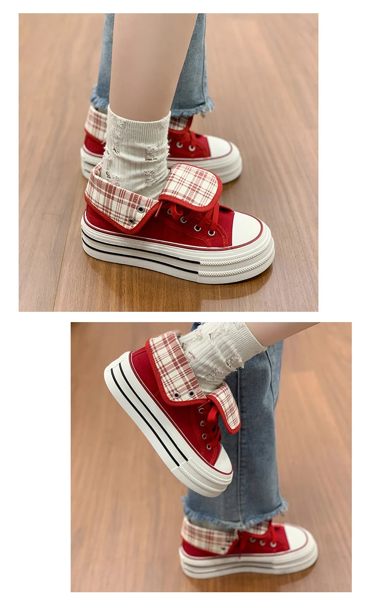 2026 Neue Mode Dicksohlige Kariert Nische INS Trendiges Design Lässige Vielseitige Dicksohlige Faltbare Canvas-Schuhe