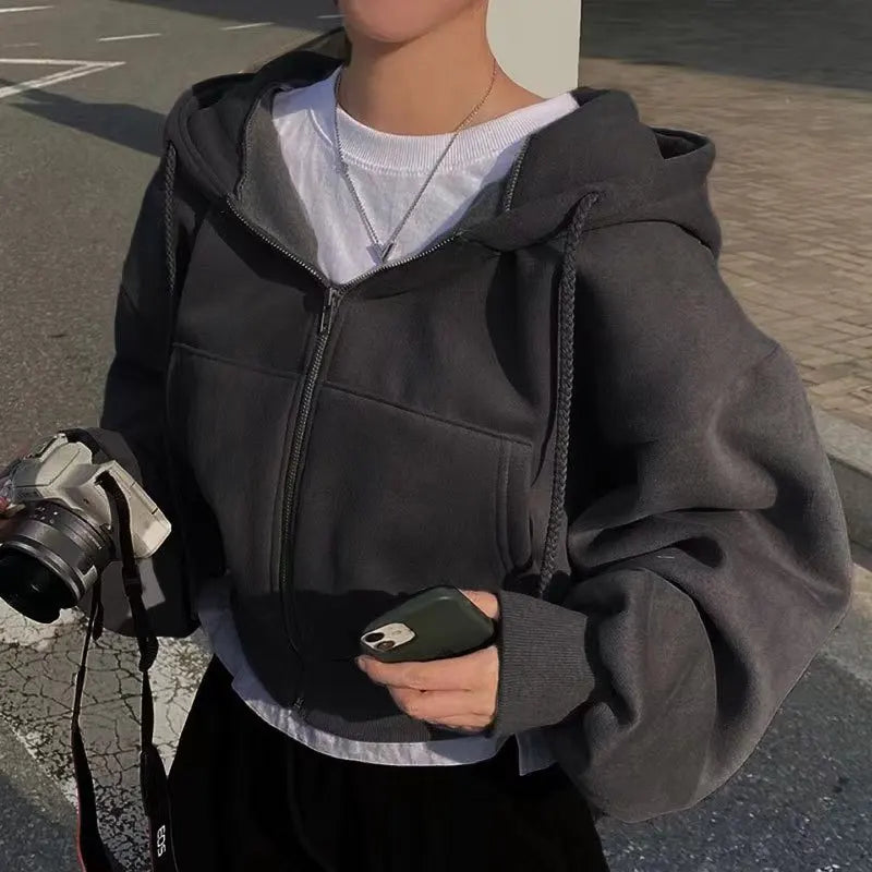 Damen Sweatshirt mit Fleece-Futter, vielseitig, kurz geschnitten, schlanke Passform, glatte Silhouette, Reißverschluss, warm, mit Kapuze