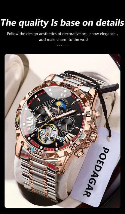 POEDAGAR Luxus Automatische Mechanische Herren Uhr Hohler Tourbillon Wasserdicht Leuchtend Männliche Uhr Woche Datum Geschäftsmänner Uhren