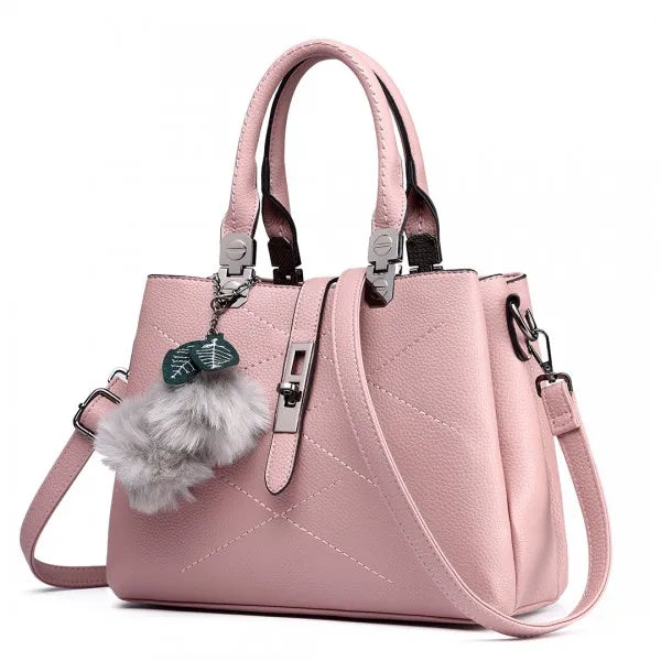 Miss Lulu Leder-Look Schultertasche mit Pom-Pom-Dekoration Stylische Handtasche für Damen Praktische Schultertasche