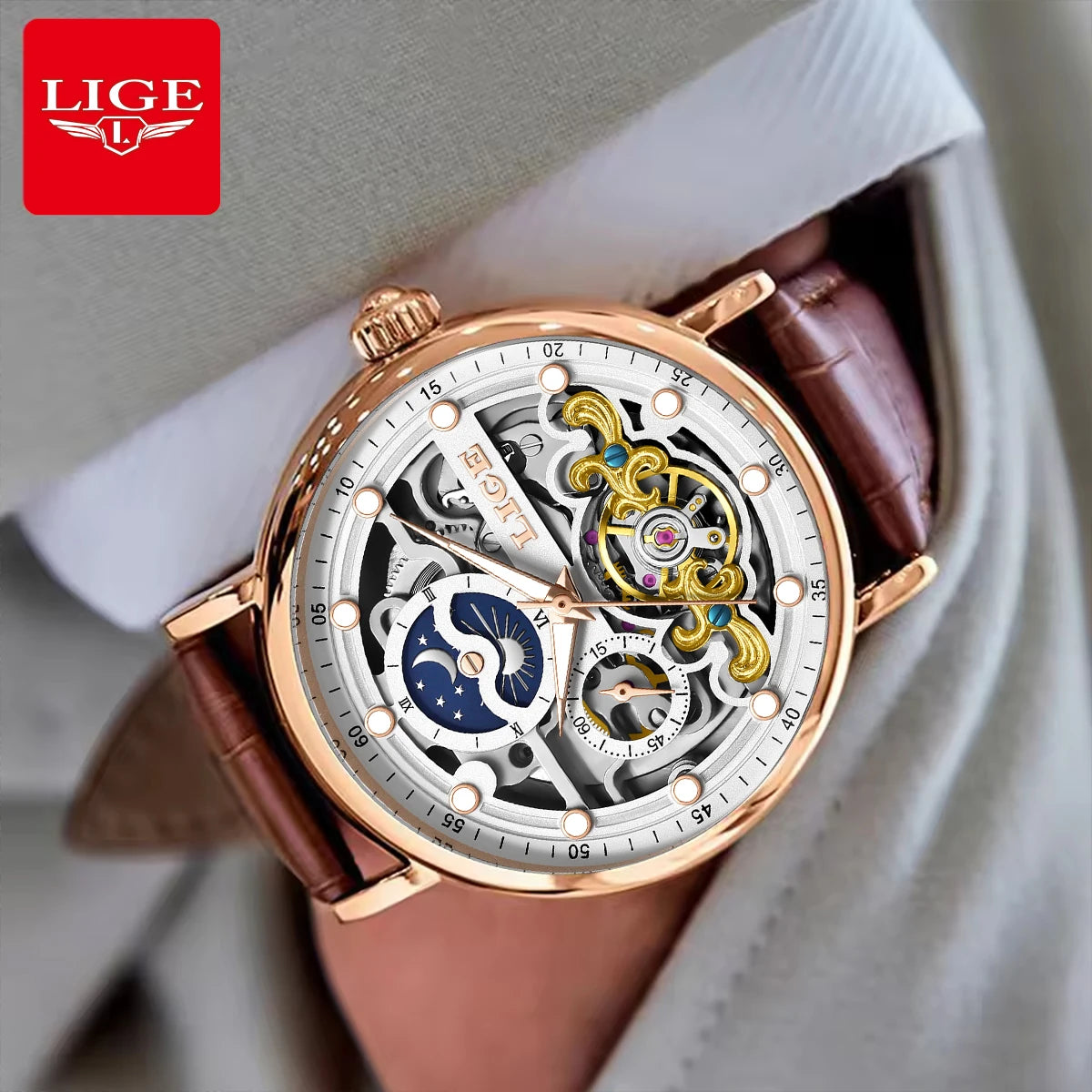 Neue LIGE Skelett Mechanische Automatik-Uhr Herren Tourbillon Sportuhr Freizeit Business Mond Armbanduhr Relojes Hombre