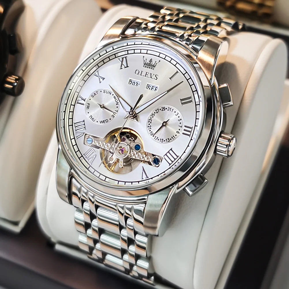 OLEVS Herren Uhren Automatische Mechanische Business Armbanduhr Wasserdicht Edelstahlarmband Uhr für Männer Skelett Kalender