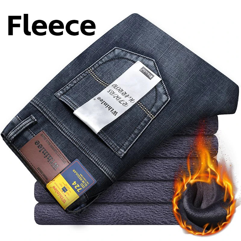 Wthinlee Neue Herren Jeans Fleece Freizeit Gerade Stretch Mode Klassisch Blau Schwarz Arbeits-Denim-Hosen Herrenbekleidung