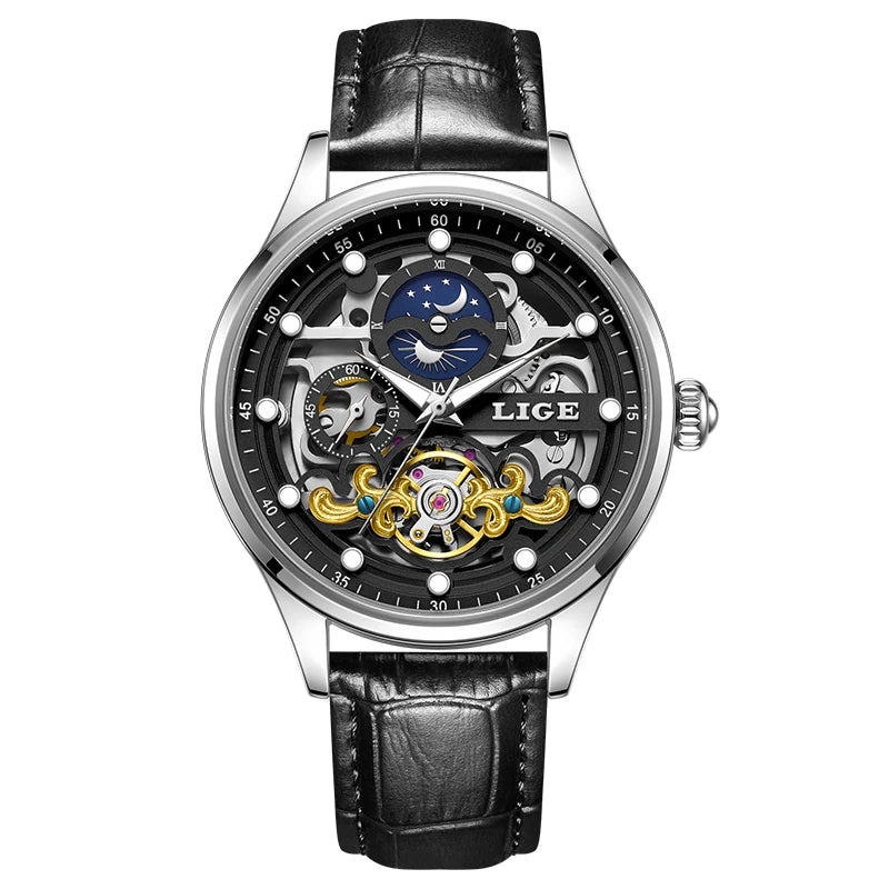 Neue LIGE Skelett Mechanische Automatik-Uhr Herren Tourbillon Sportuhr Freizeit Business Mond Armbanduhr Relojes Hombre