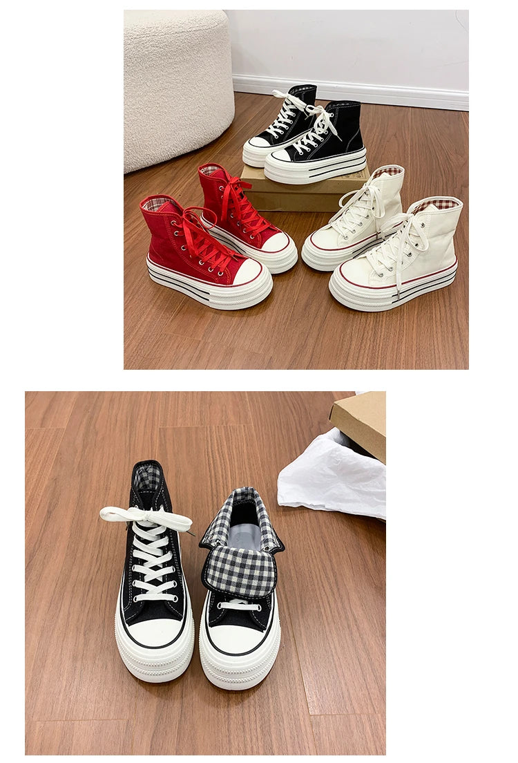 2026 Neue Mode Dicksohlige Kariert Nische INS Trendiges Design Lässige Vielseitige Dicksohlige Faltbare Canvas-Schuhe