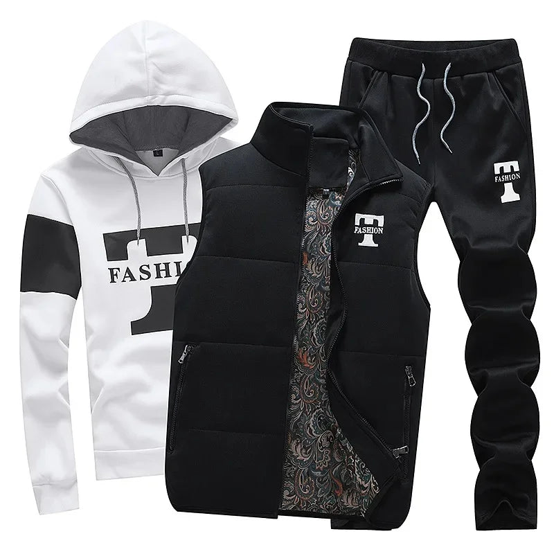 Herren Kapuzenpullover Herbst Winter Fleecegefüttert Verdicktes Freizeit-Sportanzug Modisches Dreiteiliges Set