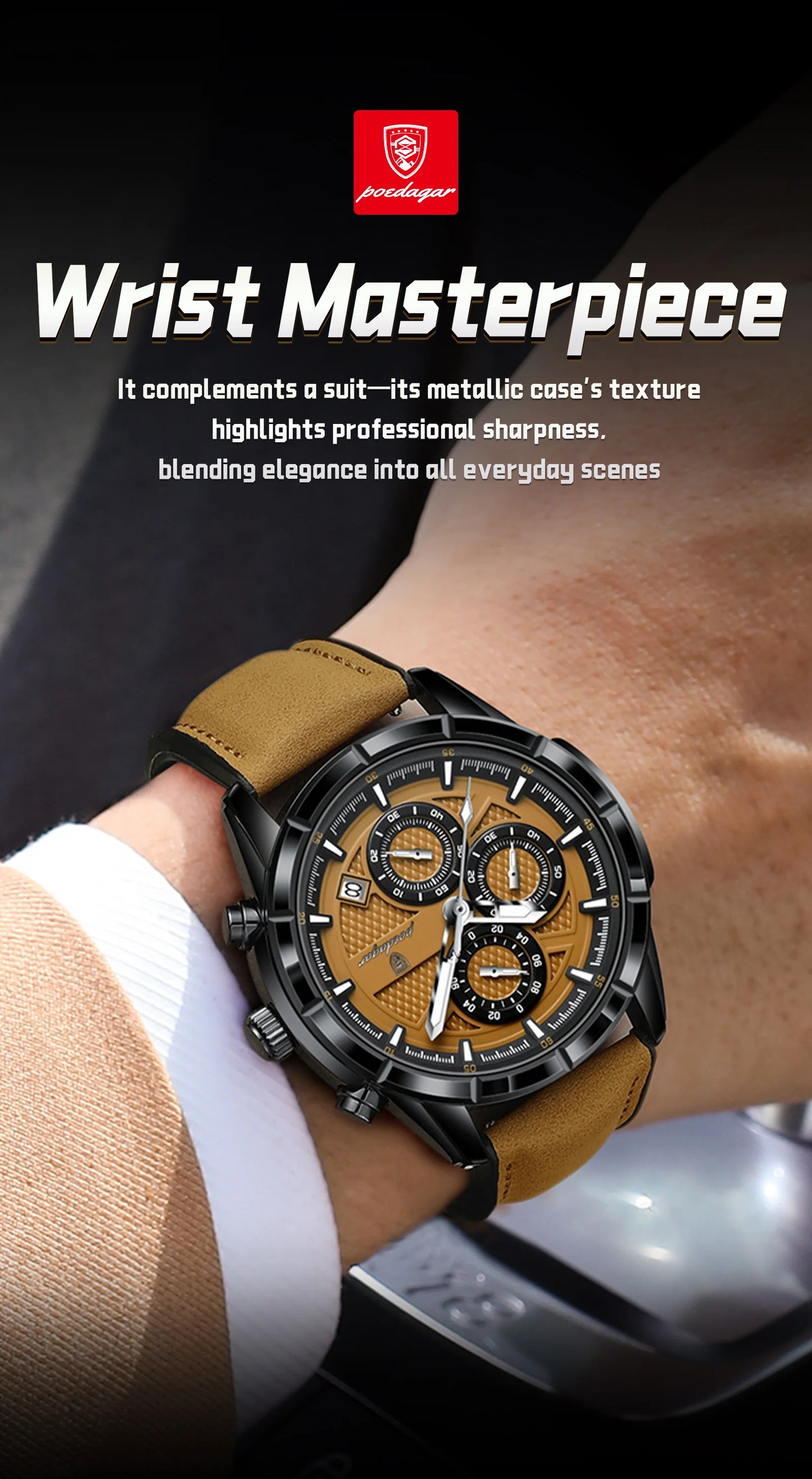POEDAGAR Luxus Herrenarmbanduhr Quarz Original Leder Herren Uhren Datum Chronograph Wasserdicht Leuchtende Herrenuhr Männlich+Box