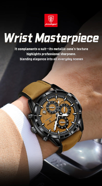 POEDAGAR Luxus Herrenarmbanduhr Quarz Original Leder Herren Uhren Datum Chronograph Wasserdicht Leuchtende Herrenuhr Männlich+Box