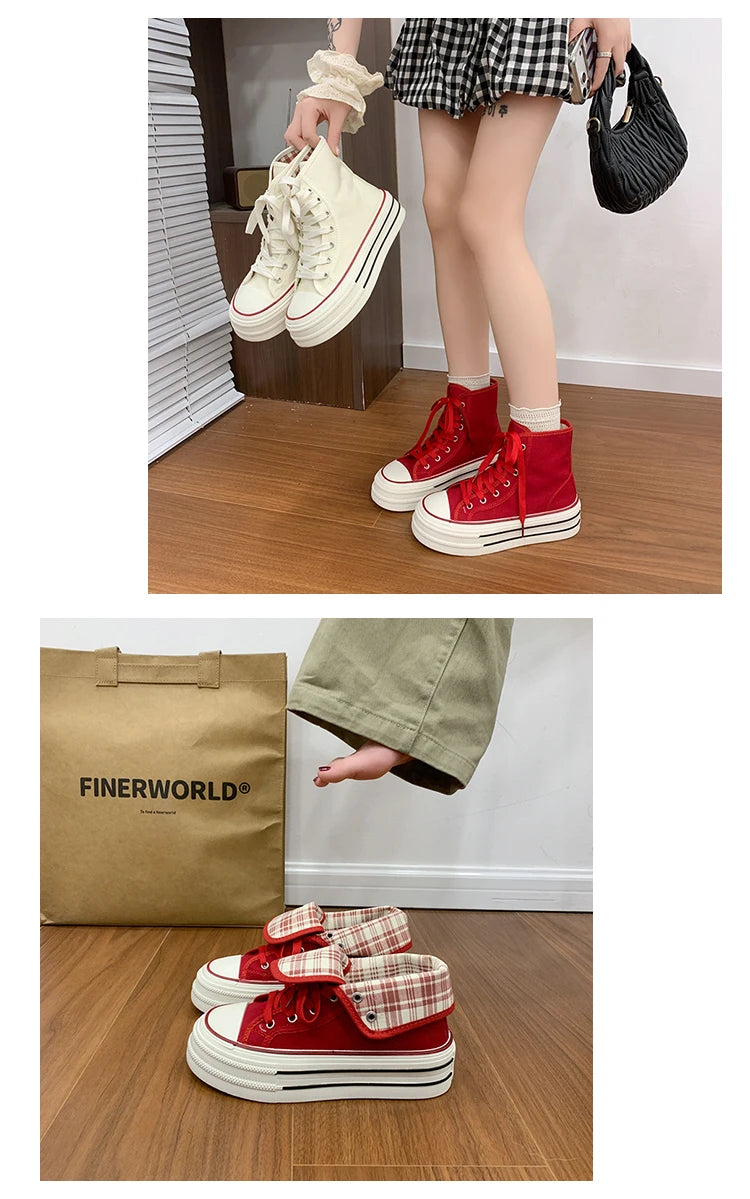 2026 Neue Mode Dicksohlige Kariert Nische INS Trendiges Design Lässige Vielseitige Dicksohlige Faltbare Canvas-Schuhe