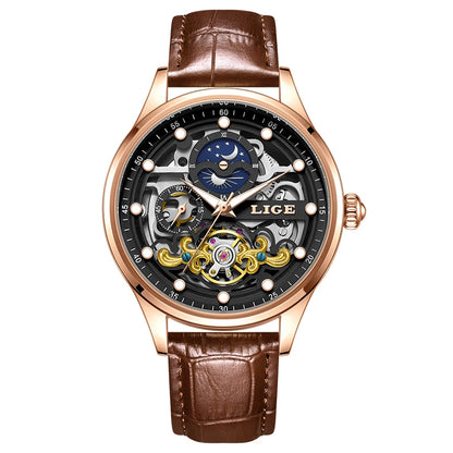 Neue LIGE Skelett Mechanische Automatik-Uhr Herren Tourbillon Sportuhr Freizeit Business Mond Armbanduhr Relojes Hombre