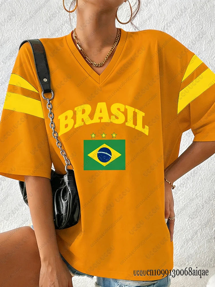 Sommer Neues Brasilien T-Shirt für Frauen Patchwork V-Ausschnitt Kurzarm T-Shirts  Übergröße Y2K Street Tops