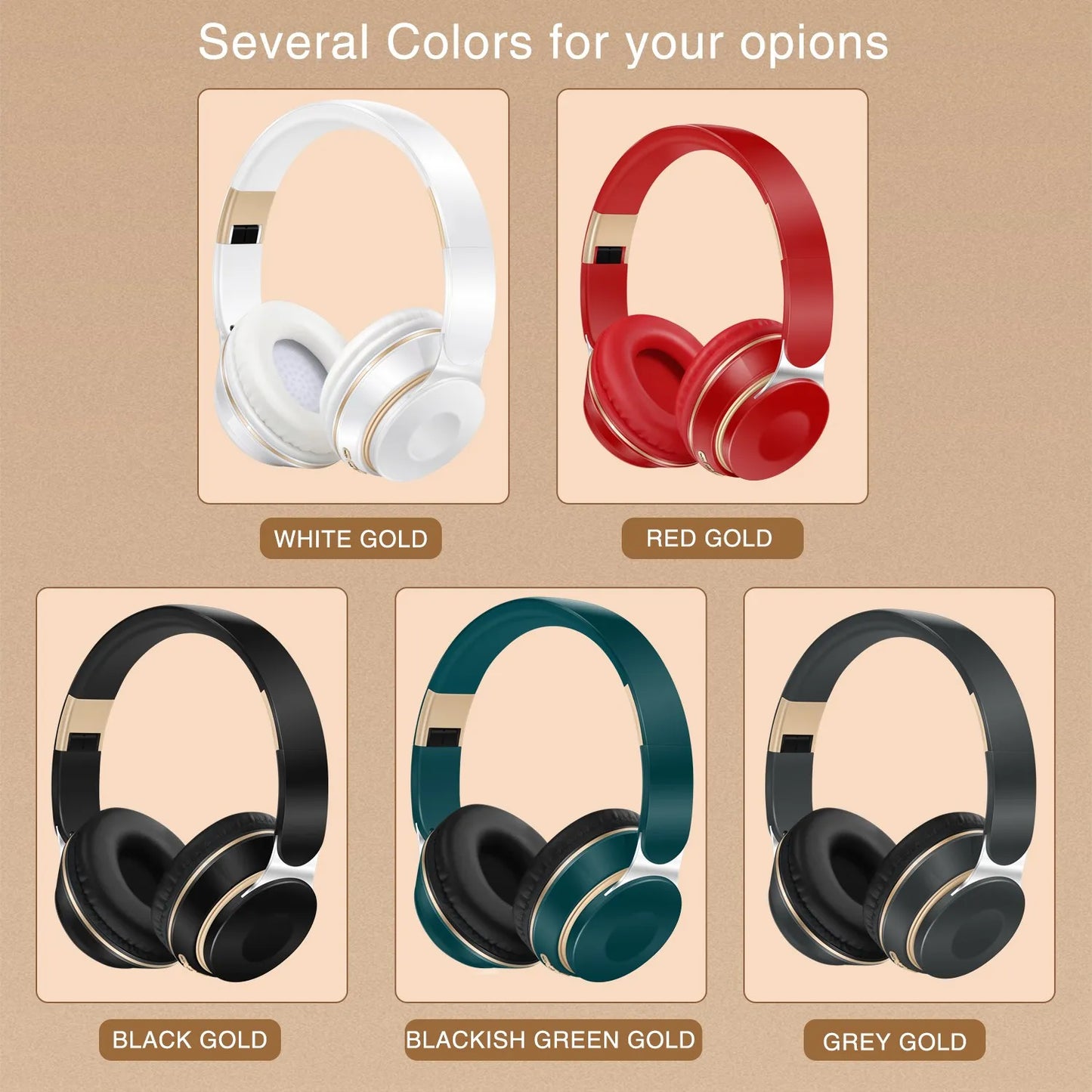 2026 Kabellose Bluetooth-Kopfhörer Stereo-Headset mit SD-Kartenunterstützung und Mikrofon für iPhone, Samsung, Tablet